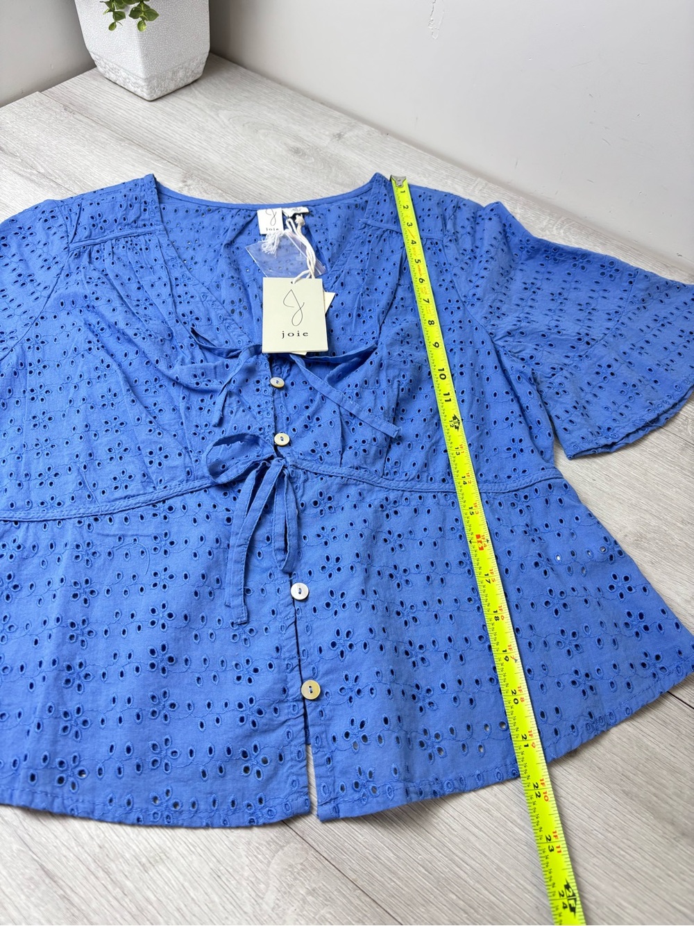 NWT Joie Blue Eyelet Cotton Peplum Tie Front Blouse Top Medium Periwinkle - Picture 8 of 8